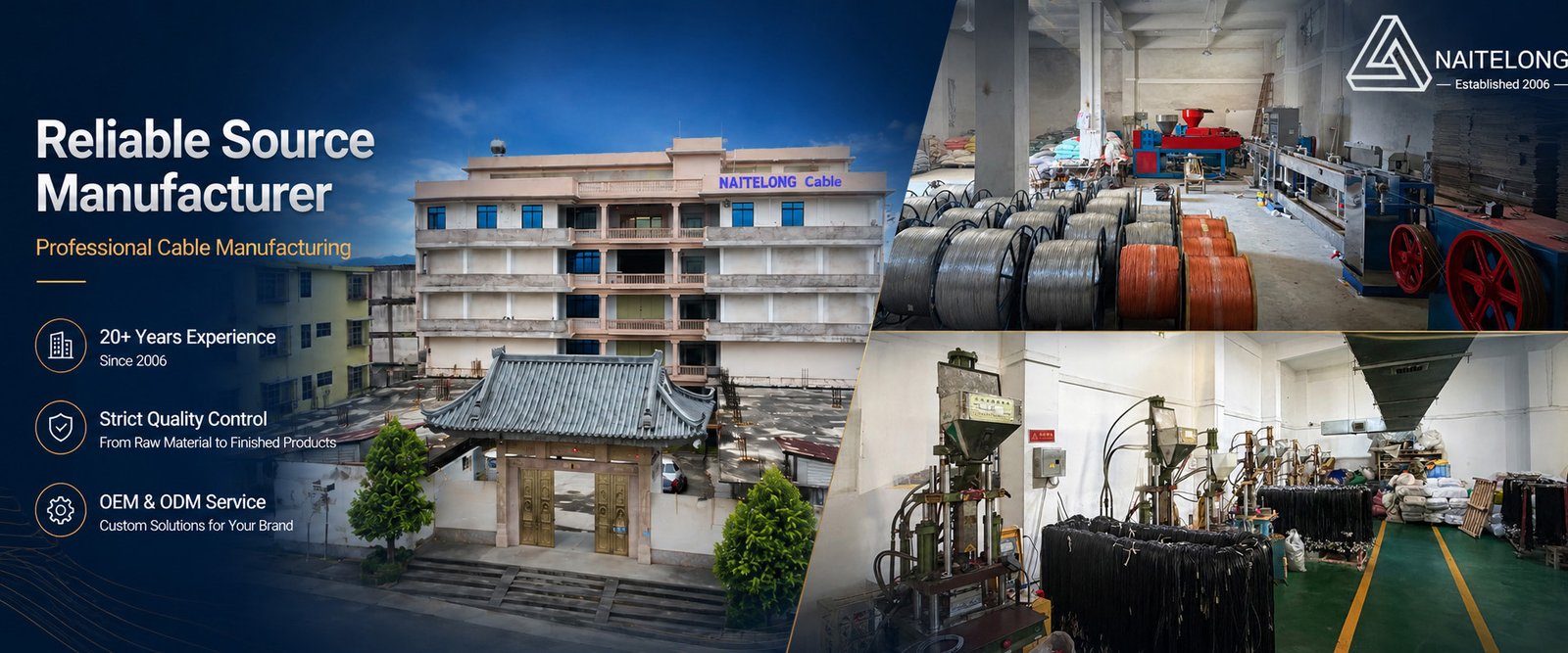 NAITELONG cable factory banner, production workshops & OEM/ODM since 2006