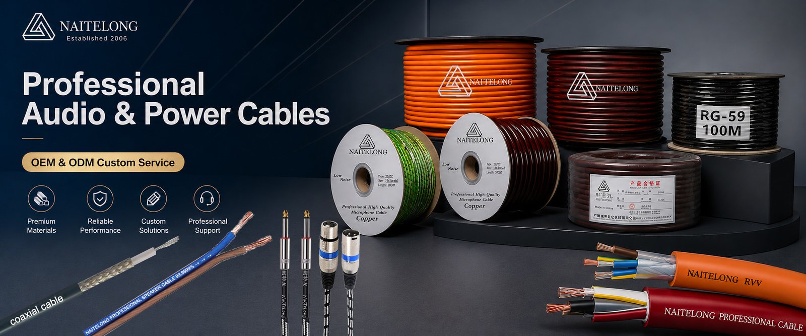NAITELONG wholesale audio, power & coaxial cables banner, OEM/ODM custom
