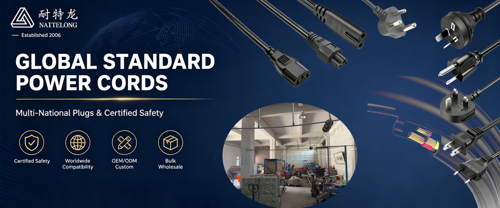 NAITELONG banner of certified power cords with multi-national plugs