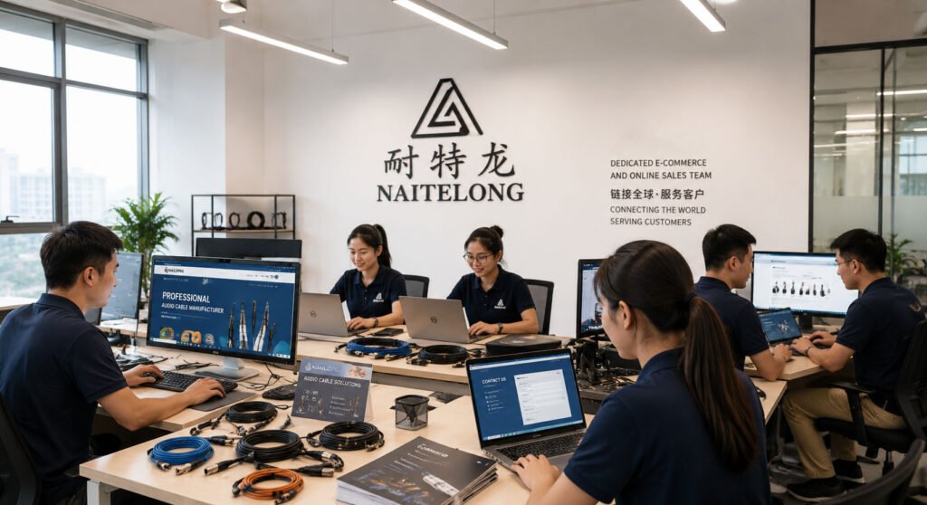 NAITELONG e-commerce team working in a modern office to support global customers and online cable sales in 2022.