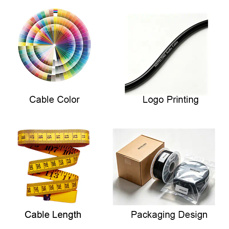 Audio cable customization options including cable length, color, logo printing, and packaging solutions for OEM and ODM requirements