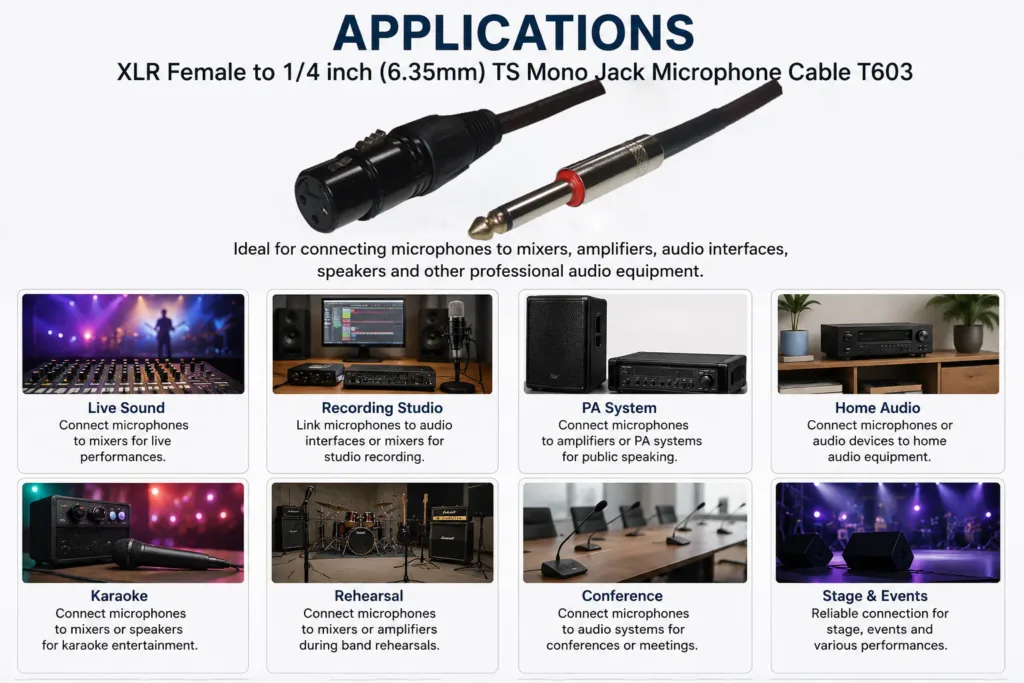 Professional XLR female to 6.35mm TS mono microphone cable T603 for stage performance, recording studio and live sound applications