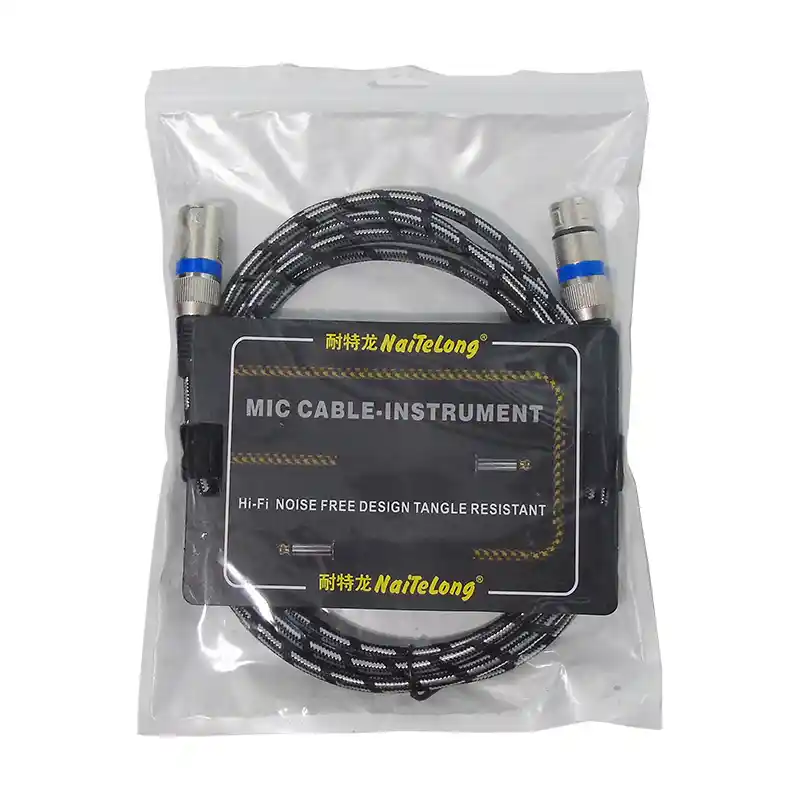 xlr-balanced-microphone-cable-s100-packaging-1 S100 XLR balanced microphone cable retail packaging, 3-pin XLR male to female audio cable, product photo on white background