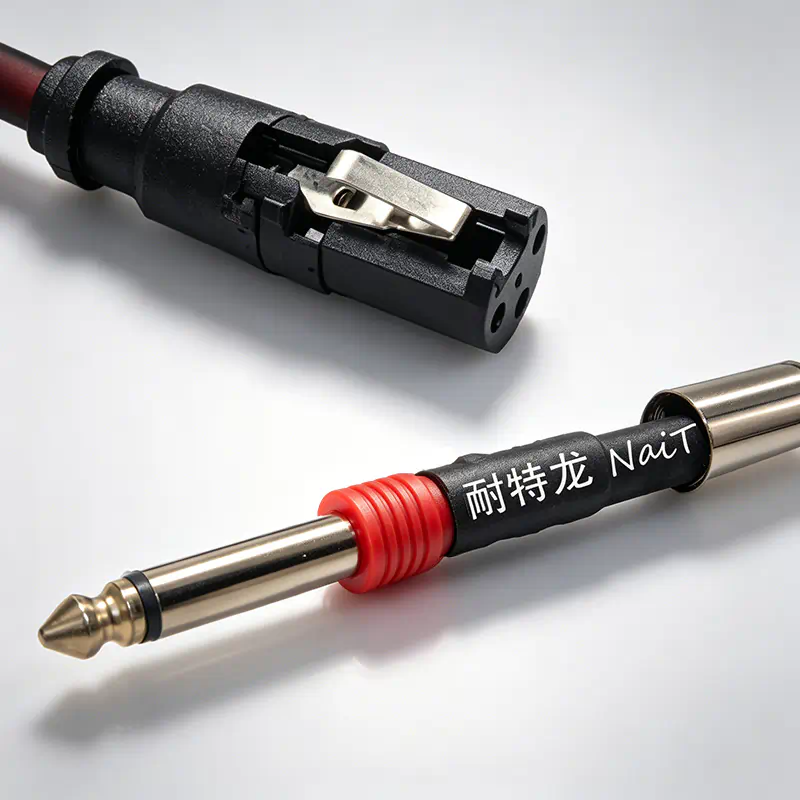 Gold-plated XLR female connector and 1/4 inch (6.35mm) TS mono plug detail on T603 microphone cable